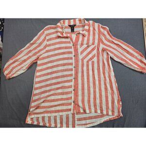 Ali Miles Womens XL Coral & White Striped Linen Blend Button-Down Shirt